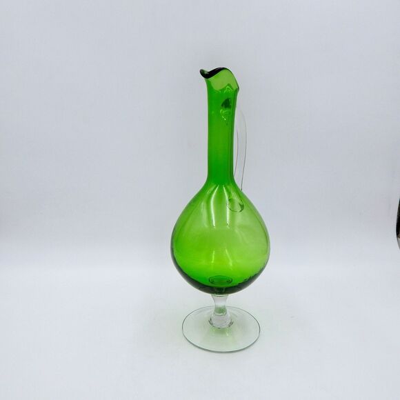 Hand Blown Green Glass Pedestal Ewer Pitcher Clear Handle Footed Decanter 12 In - Picture 2 of 13
